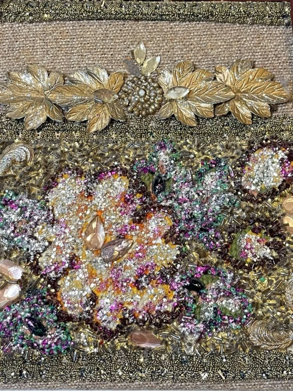 Vtg Beaded Floral Tapestry Handbag Frame Purse Top Handle Evening 1960s